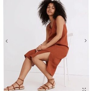 Orange Madewell linen-blend midi dress with V-neckline, side slits.